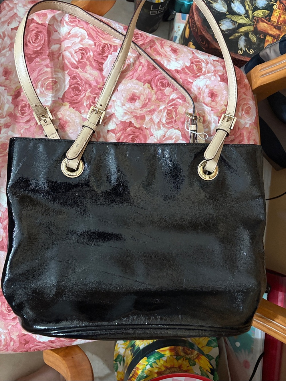 Michael Kors Black Patent Tote with Cream Straps